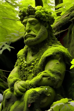 40 foot male stone giant covered in moss and leaves