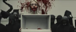 a faceless woman covered in blood holding up a black rectangular box