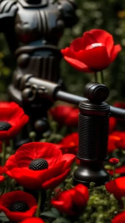 A small wooden hammer near a black pistol, red lipstick in a dark garden filled with red poppies.Cinematic and realistic image