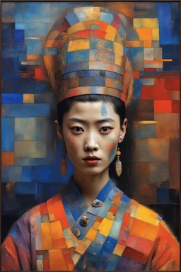 gorgeous portrait of a beautiful ancient princess. “Shaolin Textile Patchwork Fashion Model" By Enki Bilal & Paul Klee & Jennifer Lommers & Hans Hartung & Meghan Duncanson & Mark Rothko & Dee Nickerson & Victor Brauner & Didier Lourenço & ∞ Modifiers: Colorful Oil On Rainy Night Canvas Unstructured Maximalism Novelty architecture internally decorative Crepuscular Luminosity Hyper-Structured Minimalism show objects in great details and accuracy Legit emotional reactions perfect body coordination