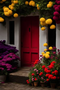 village house colorful door, sitting bench red, yellow, pink and purple flowers, a dark day,