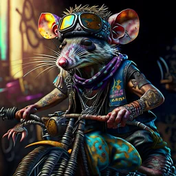 highly detailed and realistic rat gang member wearing a vest and a bandana riding a chopper, high detail, realism, vibrant colours, graffiti accents, complementary colours, splash art, perfect composition, beautiful detailed intricate insanely detailed octane render trending on artstation, 8 k artistic photography, photorealistic concept art, soft natural volumetric cinematic perfect light, chiaroscuro, award - winning photograph, masterpiece, oil on canvas, raphael, caravaggio, greg rutkowski,