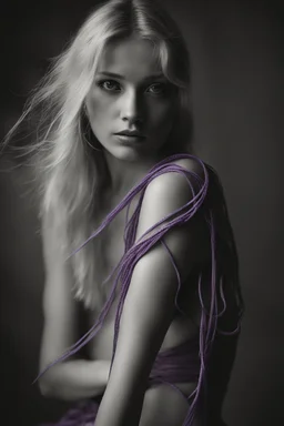 Fine art photography. Artistic photo of a young blond Polish wearing only violet strings woman taken with a Mamiya M645 camera with a portrait lens on classic Ilford medium-format film, contrast light, high-key