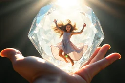closeup, inside of a huge diamond a beautiful brunette girl dancing happily and dynamically, the diamond is in the opened palm of God, S<AI in sunshine, ethereal, cinematic postprocessing, shiny metallic pastel watercolor