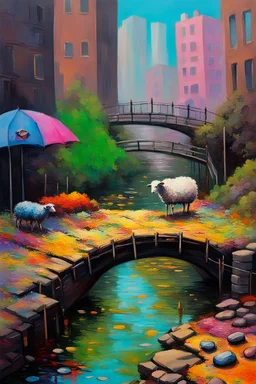 painting of a cyberpunk colourful natural walkway rubbish on the street in the city with pollution and a small bridge by a creek with electric sheep and androids by monet