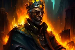 Portrait roi conquerant cyberpunk, incendie en arrière plan