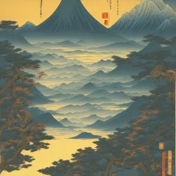 Ukiyo-e, mountains, sun