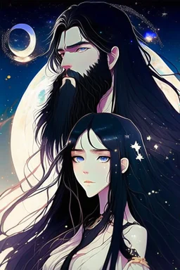 Celestial anime girl, long black hair, with bearded man