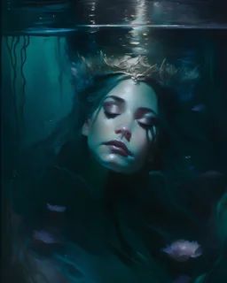 an ethereal and dark, impressionist-style portrait of a queen submerged in dark waters, using soft, fluid brushstrokes and a dreamy color palette to convey the weightlessness and tranquility of being underwater.