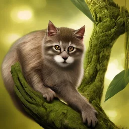 Monkey Cat on a branch, Photo portrait, 3/4 angle, jungle background, full body