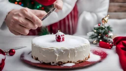 cutting the christmas cake, a piece is missing, on top there is powdered sugar and a christmas ornament