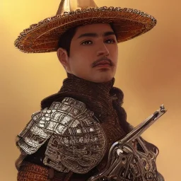 portrait,"Insanely detailed photograph of an armored mariachi warrior", highly intricate chainmail charo,large Sombrero,elegant, highly detailed D20, digital painting, artstation, concept art, smooth, sharp focus, illustration, art by artgerm and greg rutkowski and alphonse mucha, 8 k