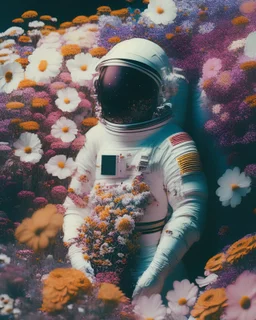 Portra 400 high dpi film scan of a NASA astronaut wearing a space suit made of millions of flowers. Editorial for NASA. floral edition