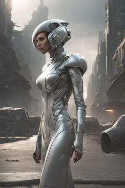 a photorealistic sleek, long, silver spaceship sitting in the street of a dystopian futuristic ruined alien city, with a woman in a silver suit, standing in front