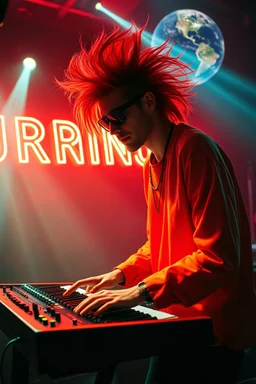 French cool synth player with crazy techno acid hair, he is called "Jean-Maurice Brûlée" performing at dance club, his name is "Jean-Maurice Brûlée" , white and orange Neon lights and oraNGE smog, and "URINIUM" big sign on the wall, he is playing on synthesizers on stage with lot of laser beams and wearing black sunglasses, an earth is projected in background