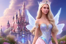 castle in background, beautiful, soft, big smiling, straight and long blonde hair, blues eyes, dewy and shiny atmosphere, diamond crown, long fairy wings in the back, full head, pink veil clothes