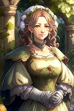 Anime, bubbly middle age woman with medieval gown, outdoors in garden, HD, extreme detail in the face