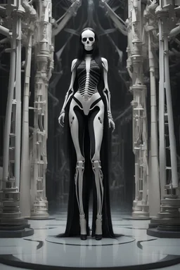 A realistic high detailed photograph of a gorgeous gen z fashion model with long flowing dark hair full body poses fiercely wearing a futuristic skeletal outfit with 3 dimensional bone designs