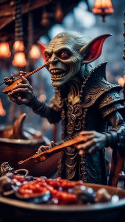 portrait of a vampire werewolf goblin gremlin with mustage eating a violin blood of fish on a viking ship, in the style of Giger,bokeh like f/0.8, tilt-shift lens 8k, high detail, smooth render, down-light, unreal engine, prize winning