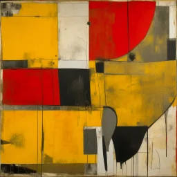 Deconstructed elephant contrivance, by Colin McCahon and VS Gaitonde, mind-bending abstract image, fragmented, subconscious deconstructivism, yellow and black and gray and red color scheme, abstract art