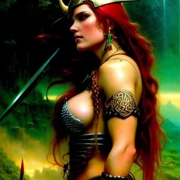 portrait 'beautiful Sexy Busty RedSonja',braided long hair,horned helmet, celtic tattoed,crystal clear green eyes,painting by gaston bussiere, greg rutkowski, yoji shinkawa, yoshitaka amano, tsutomu nihei, donato giancola, tim hildebrandt, oil on canvas, cinematic composition, extreme detail,fit full head inside picture,32k