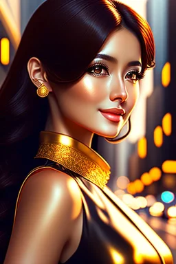 Young business woman, dark orange eyes, dark brown hair, elegant hair, thin lips, gold hoop earrings, waist up portrait, 8k resolution, intricate details, ornate details, soft lighting, vibrant colors, retroanime, masterpiece, realistic, intricate eyeliner, dark eyeshadow, eyes,futuristic cityscape background
