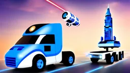 A police Tesla Cybertruck is chasing a Tesla 'Model S Plaid' at top speed, on the 'Cloud City' of the planet Bespin (from Star Wars). CINEMATIC. WIDE ANGLE LENS.