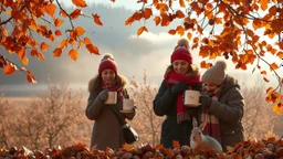 Autumn: falling leaves, Misty mornings, fog over distant fields or forests, sunshine; people wearing scarves, woolly hats, gloves, holding mugs of steaming hot drinks; chestnuts, acorns, berries, rowan, holly, mistletoe; birds migrating; squirrels gathering nuts; rabbits; beautiful colours, atmospheric. Award winning photograph.