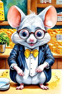 SKETCH WATERCOLOR PASTEL COLOURS - “Mr. Whiskers McStreusel crazy old mouse inside his magic cheese shop, a wiry fellow with wild white hair and glasses so large they practically covered his whole face.”