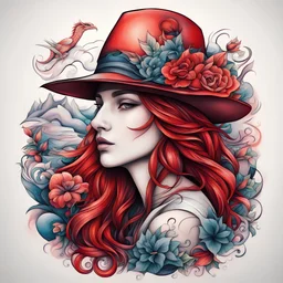 New School Tattoo Style, modern abstract color ideas, for minimalism perfect ilustracion in white backrounds, Enhanced shading, Bold and dynamic, "dragon a hat and flovers with long red hair in a hat with a wide open beak. In the background there is a farmyard and in the horizon tree tops. Significantly blurred background I have a pen tucked in my hat like a hunter. All for whites backrounds "