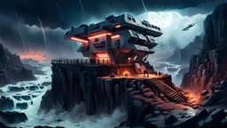 military outpost on top of a cliff with dangerous rapids below, nighttime scene storms, star wars style, cyberpunk style