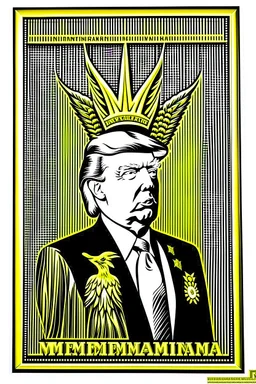 president donald trump in style of shepard fairy obama poster style gold colour stencil with american flag with letters M A G A