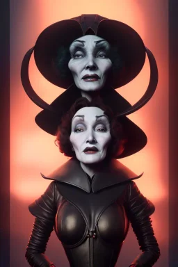 Marlene Dietrich as evil queen in black leather, leather, busty, cleavage, angry, stern look. character design by cory loftis, fenghua zhong, ryohei hase, ismail inceoglu and ruan jia. unreal engine 5, artistic lighting, highly detailed, photorealistic, fantasy