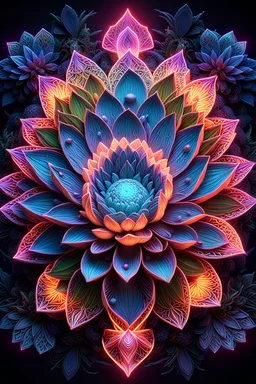 3D rendering of Expressively detailed and intricate of a hyperrealistic “lotus”: symmetric, front view, colorful neon paint, tribalism, shamanism, cosmic fractals, dystopian, volumetric lighting, 8k post-production, detailled metalic objects, dendritic, artstation: award-winning: professional portrait: atmospheric: commanding: fantastical: clarity: 16k: ultra quality: striking: brilliance: stunning colors: amazing depth