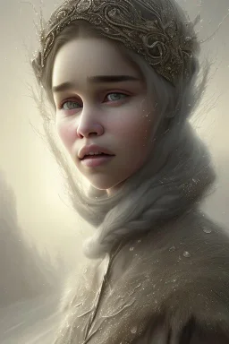  close up portrait of fog as wonderfull emilia clarke woman hijab, fine detail, highly intricate, modern surrealism painting, defined cracks and breaks, high-quality, volumetric lighting, 8k, ultrahd, George Grie, Marco Escobedo, Igor Morski,Brian Froud, Howard Lyon, Selina French,