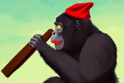 Горилла курит сигару с тёмно-красной шляпой, стиль аниме