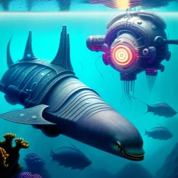 fullbody Drawing of 'Ultra Futuristic style concept Submarine'intricate detail,by andrea bonelli,Kilian Eng,Ohrai,underwater,three quarters view, Steampunk Submarine Fish design study, toned colors,16k