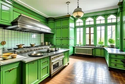 a grand house , large green coloured kitchen with stove