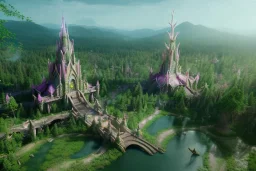 Magical fantasy elven city tower forest rivendell tree flower pink green yellow beautiful nature river 4k full hd