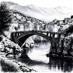 A detailed modern European ink drawing of the old bridge of stone of Arta in Greece, against a minimalist cityscape. Inspired by Zdeněk Burian, reflecting a vividly artistic landscape.