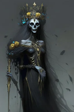 An ancient female lich, named Azura. She has a pale skeletal face, gaunt and colorless. Her head is wreathed in a gold crown adorned with black rosebuds, a thin smoke-like black veil blends into her long black dress. She wields a shadow covered blade.