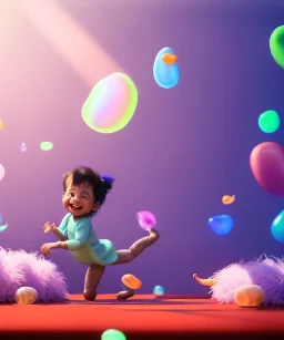 Ultra realistic speed room scene, wide angle view, childs playing with feather pillows, too happy, inflatable monsters, circus dress style, feather color, free jumping, many trinkets, hair monster, many jelly beans, balls, smile, extreme, wind, soft color, highly detailed, unreal engine 5, ray tracing, RTX, lumen lighting, ultra detail, volumetric lighting, 3d, finely drawn, high definition.