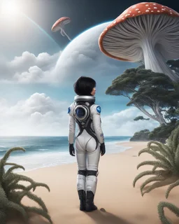 Photorealistic slim woman with black hair in a space suit, looking out over a sandy beach next to a sea, with tall, narrow cloud trees and flying mushrooms with octopus tentacles