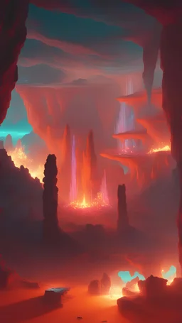 sacred fire in a cave,l illuminated by the interplay of vibrant lighting and shadows, reminiscent of the works of Android Jones, Beeple, and Winkelmann, resulting in an awe-inspiring display of maximalism and fantasy