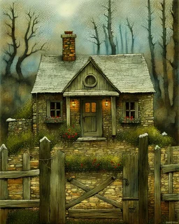lone old stone cottage with lights on, by Frozen apocalypse " a patchwork art by Jamie heiden, peter doig, Renoir, pol Ledent, endre penovac, Gustave Loiseau, Arthur Rackham, Doug Chinnery, Maud Lewis. inlay, watercolors and ink, beautiful, fantastic view, extremely detailed, intricate, best quality, highest definition, rich colours. intricate beautiful dynamic lighting award winning fantastic view ultra detailed 4K 3D high definition hdr elegant intricate beautiful award winning fantastic view