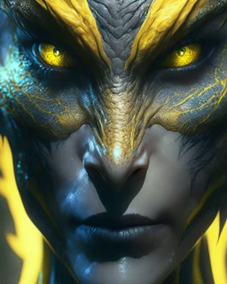 A Na'vi Dragon with large yellow eyes, tattooed skin, starring directly into the viewer, centered, 8k resolution concept art portrait by Greg Rutkowski, Artgerm, WLOP, Alphonse Mucha dynamic lighting hyperdetailed intricately detailed Splash art trending on Artstation Unreal Engine 5 volumetric lighting, by Hajime Isayama, H R Giger, Boris Vallejo, triadic colors