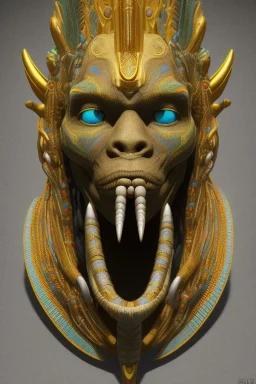 Aztec male African Egyptian alien, cracks in the voodoo head, wicked, eyes, crown, Elephant, 8k, finely detailed, photo realistic, tiger turquoise skull head gold dragon space alien snow skeleton gold hornytoad silver crown silver eyes