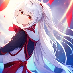 girl, masterpiece, best quality, volumetric lighting, detailed outfit, perfect eyes, white hair, long hair, ponytail, red eyes, beautiful lighting, vibrant colors, miko,