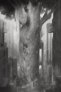 surrealis monochrome A fragmented, surreal tree sculpture liguid color of photorealistic image 3d,psychedelic art of a tree glossy emerging from dreamlike a crumbling building. The tree appears pale with deep cracks and intricate details, evoking a haunting expression. Blackened tree branches intertwine with the gold mengkilat cracks, set against a backdrop of stormy, cloud-filled skies. bauhaus art The overall tone is dark and moody, suggesting themes of decay and transformation.
