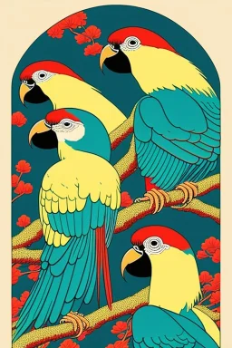  a group of parrots that are on top of each other, a poster by Nōami, ukiyo-e, anime aesthetic, minimalist.